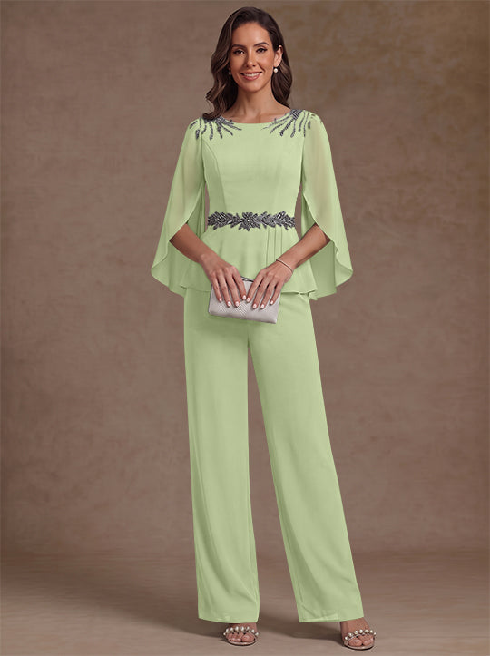 2 Pièces Tailleur Pantalon Mère de la Mariée en Mousseline, Col Rond, Longueur de la Cheville, Manches 3/4, avec Perles