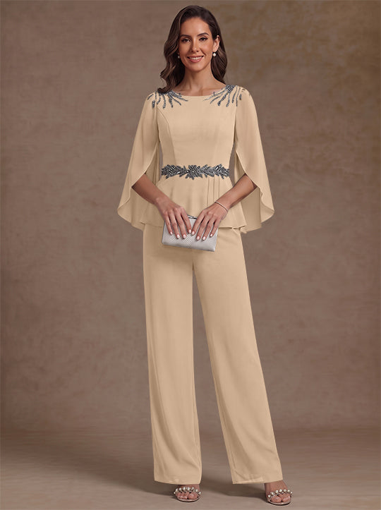 2 Pièces Tailleur Pantalon Mère de la Mariée en Mousseline, Col Rond, Longueur de la Cheville, Manches 3/4, avec Perles