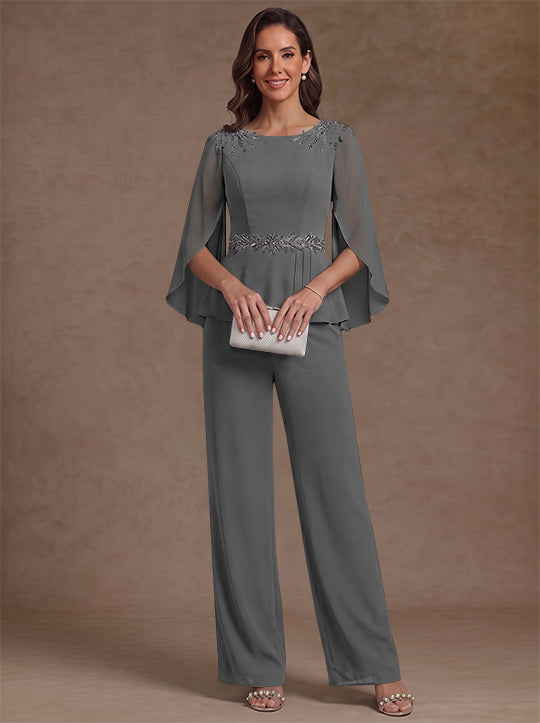 2 Pièces Tailleur Pantalon Mère de la Mariée en Mousseline, Col Rond, Longueur de la Cheville, Manches 3/4, avec Perles