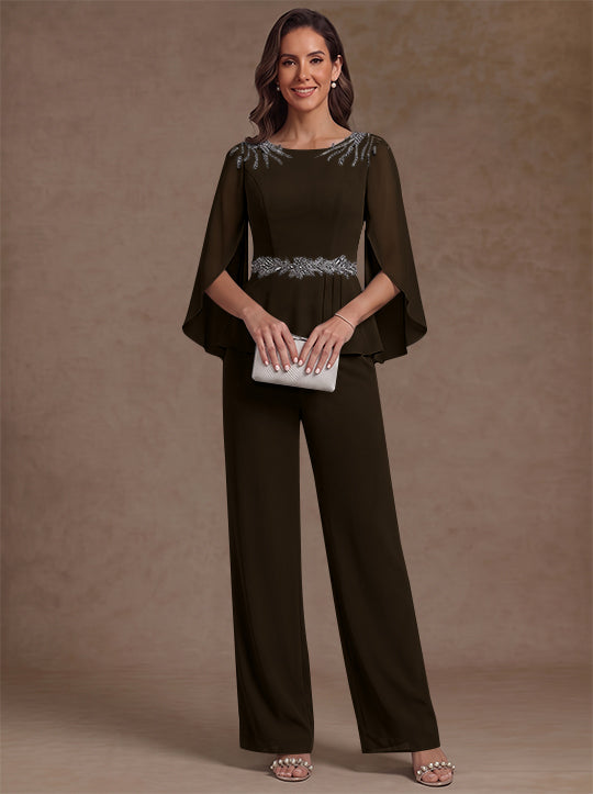 2 Pièces Tailleur Pantalon Mère de la Mariée en Mousseline, Col Rond, Longueur de la Cheville, Manches 3/4, avec Perles