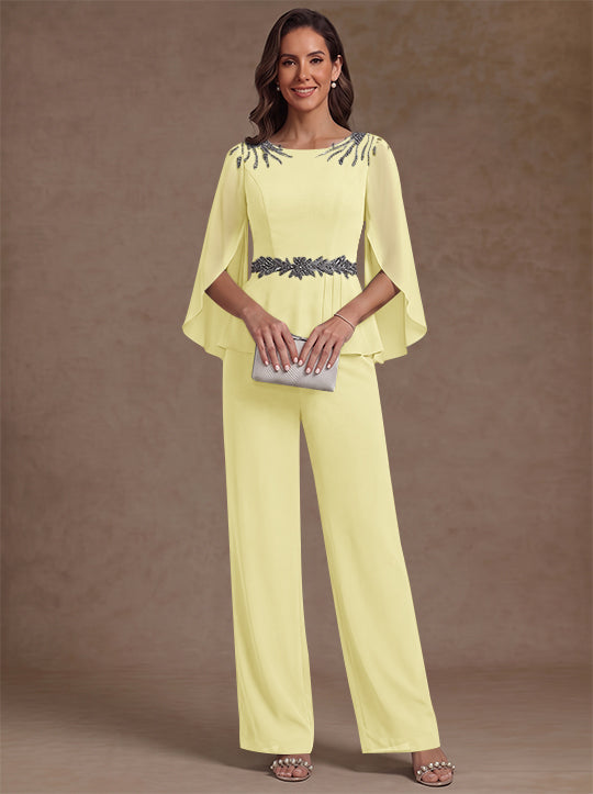 2 Pièces Tailleur Pantalon Mère de la Mariée en Mousseline, Col Rond, Longueur de la Cheville, Manches 3/4, avec Perles