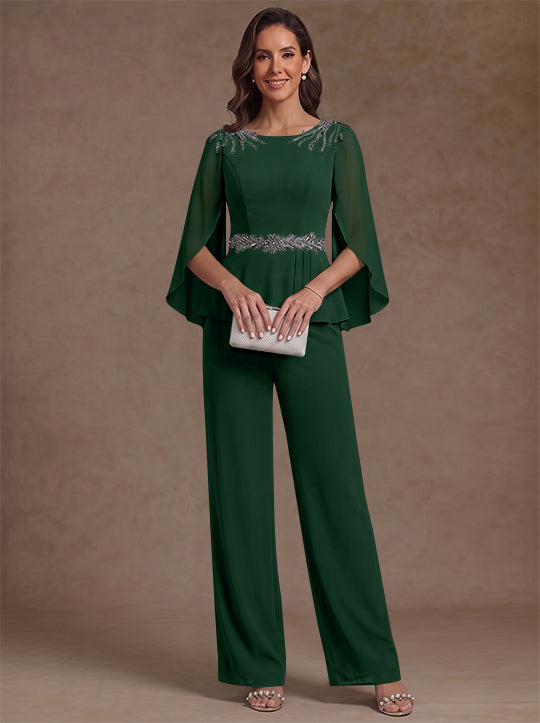 2 Pièces Tailleur Pantalon Mère de la Mariée en Mousseline, Col Rond, Longueur de la Cheville, Manches 3/4, avec Perles