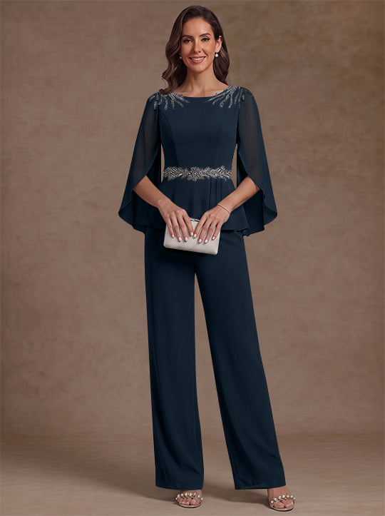 2 Pièces Tailleur Pantalon Mère de la Mariée en Mousseline, Col Rond, Longueur de la Cheville, Manches 3/4, avec Perles