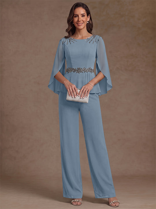 2 Pièces Tailleur Pantalon Mère de la Mariée en Mousseline, Col Rond, Longueur de la Cheville, Manches 3/4, avec Perles