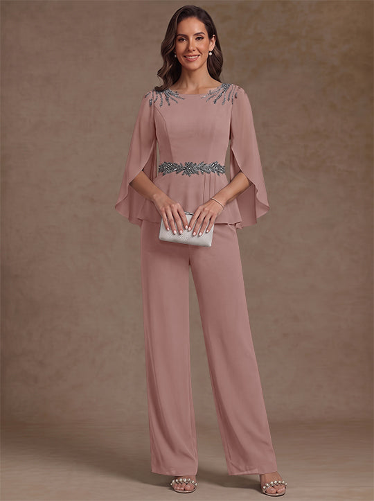 2 Pièces Tailleur Pantalon Mère de la Mariée en Mousseline, Col Rond, Longueur de la Cheville, Manches 3/4, avec Perles