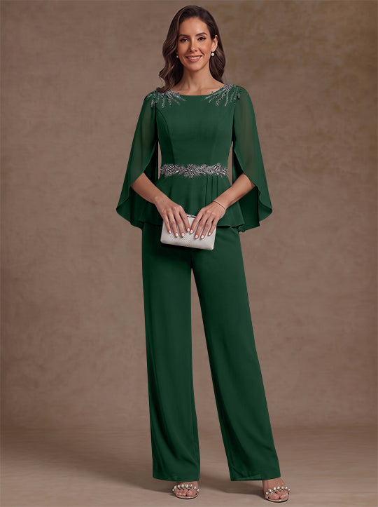 2 Pièces Tailleur Pantalon Mère de la Mariée en Mousseline, Col Rond, Longueur de la Cheville, Manches 3/4, avec Perles