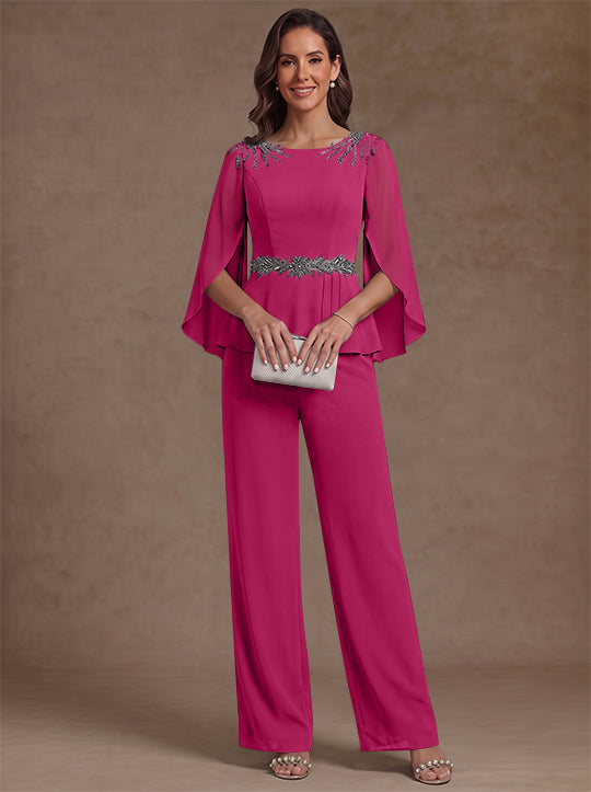 2 Pièces Tailleur Pantalon Mère de la Mariée en Mousseline, Col Rond, Longueur de la Cheville, Manches 3/4, avec Perles