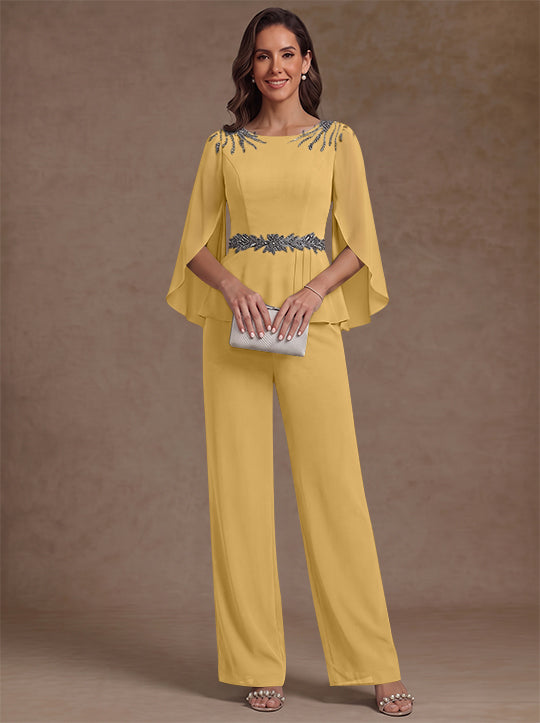 2 Pièces Tailleur Pantalon Mère de la Mariée en Mousseline, Col Rond, Longueur de la Cheville, Manches 3/4, avec Perles