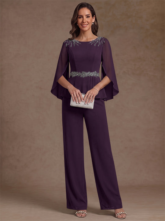 2 Pièces Tailleur Pantalon Mère de la Mariée en Mousseline, Col Rond, Longueur de la Cheville, Manches 3/4, avec Perles