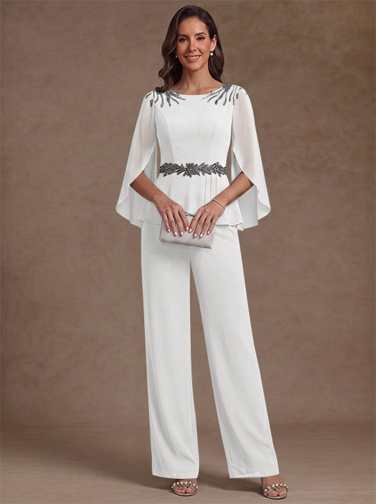 2 Pièces Tailleur Pantalon Mère de la Mariée en Mousseline, Col Rond, Longueur de la Cheville, Manches 3/4, avec Perles