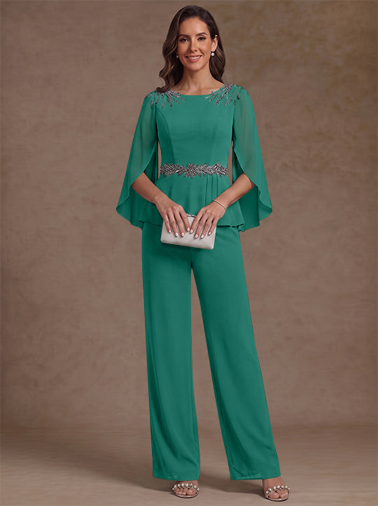 2 Pièces Tailleur Pantalon Mère de la Mariée en Mousseline, Col Rond, Longueur de la Cheville, Manches 3/4, avec Perles