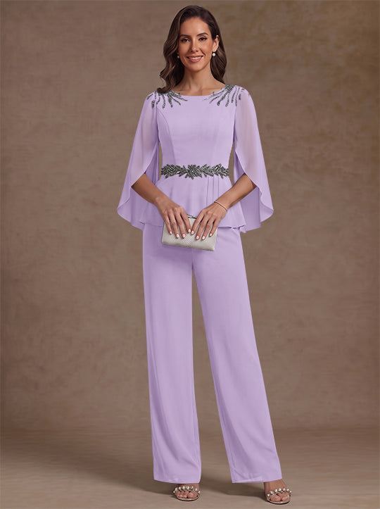 2 Pièces Tailleur Pantalon Mère de la Mariée en Mousseline, Col Rond, Longueur de la Cheville, Manches 3/4, avec Perles