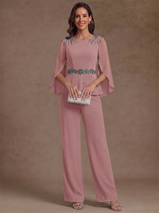 2 Pièces Tailleur Pantalon Mère de la Mariée en Mousseline, Col Rond, Longueur de la Cheville, Manches 3/4, avec Perles