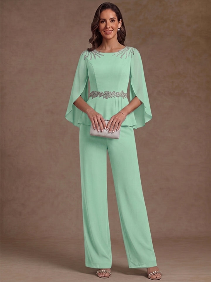 2 Pièces Tailleur Pantalon Mère de la Mariée en Mousseline, Col Rond, Longueur de la Cheville, Manches 3/4, avec Perles