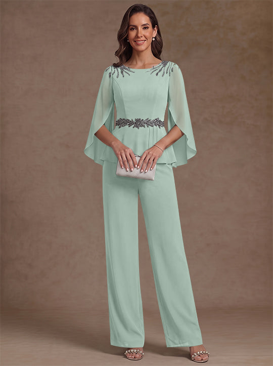 2 Pièces Tailleur Pantalon Mère de la Mariée en Mousseline, Col Rond, Longueur de la Cheville, Manches 3/4, avec Perles