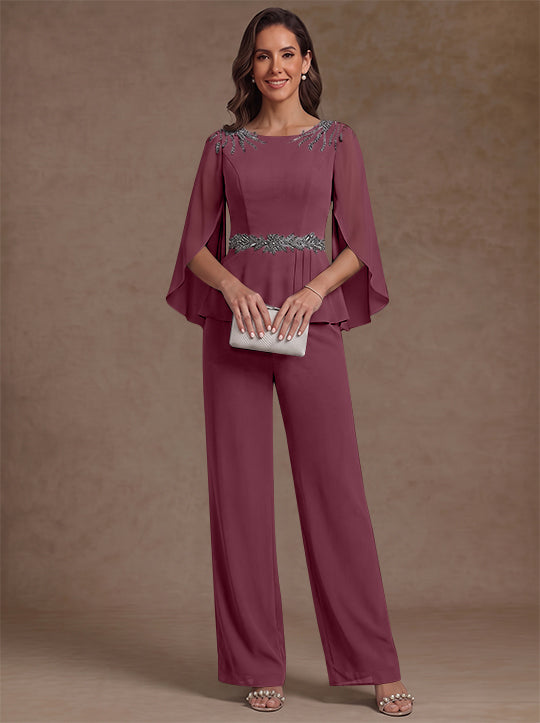 2 Pièces Tailleur Pantalon Mère de la Mariée en Mousseline, Col Rond, Longueur de la Cheville, Manches 3/4, avec Perles