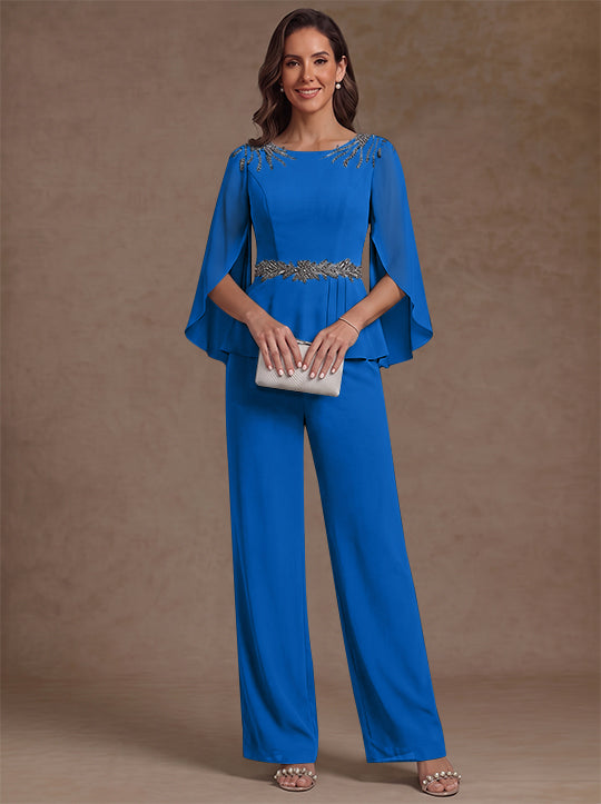 2 Pièces Tailleur Pantalon Mère de la Mariée en Mousseline, Col Rond, Longueur de la Cheville, Manches 3/4, avec Perles
