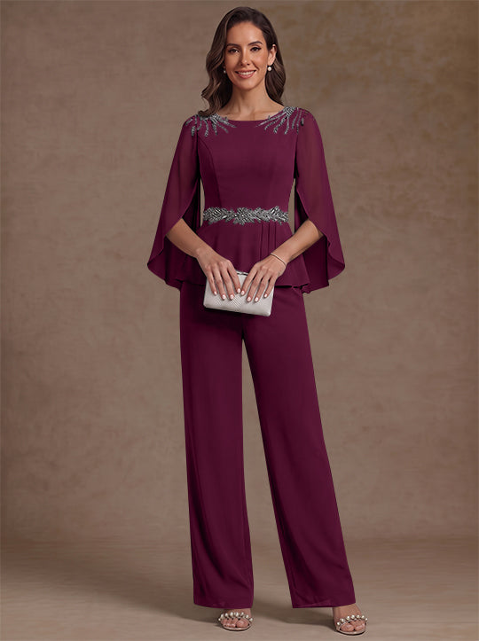 2 Pièces Tailleur Pantalon Mère de la Mariée en Mousseline, Col Rond, Longueur de la Cheville, Manches 3/4, avec Perles