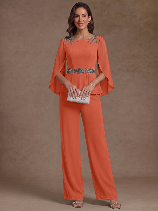 2 Pièces Tailleur Pantalon Mère de la Mariée en Mousseline, Col Rond, Longueur de la Cheville, Manches 3/4, avec Perles