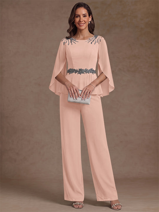 2 Pièces Tailleur Pantalon Mère de la Mariée en Mousseline, Col Rond, Longueur de la Cheville, Manches 3/4, avec Perles