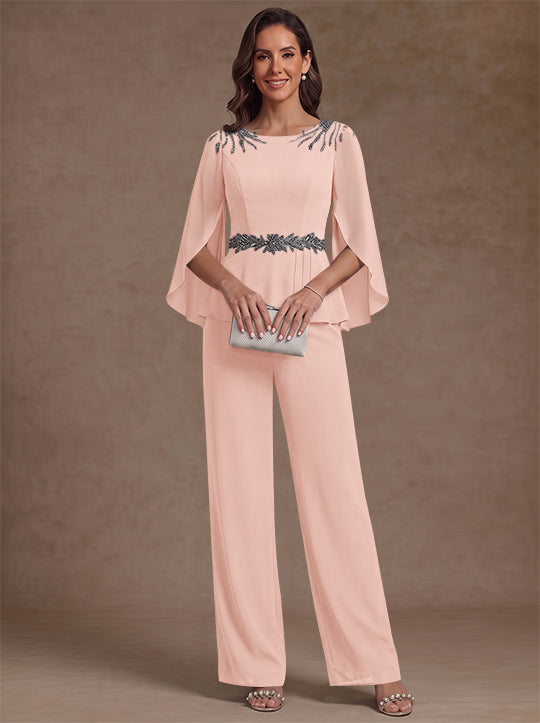 2 Pièces Tailleur Pantalon Mère de la Mariée en Mousseline, Col Rond, Longueur de la Cheville, Manches 3/4, avec Perles
