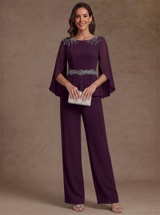 2 Pièces Tailleur Pantalon Mère de la Mariée en Mousseline, Col Rond, Longueur de la Cheville, Manches 3/4, avec Perles