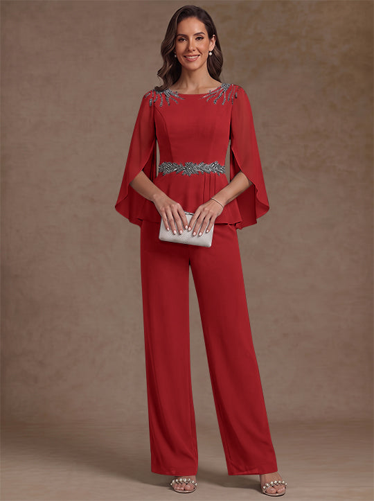 2 Pièces Tailleur Pantalon Mère de la Mariée en Mousseline, Col Rond, Longueur de la Cheville, Manches 3/4, avec Perles