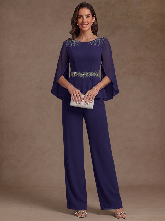 2 Pièces Tailleur Pantalon Mère de la Mariée en Mousseline, Col Rond, Longueur de la Cheville, Manches 3/4, avec Perles