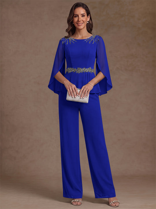 2 Pièces Tailleur Pantalon Mère de la Mariée en Mousseline, Col Rond, Longueur de la Cheville, Manches 3/4, avec Perles
