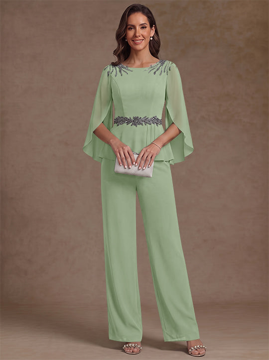 2 Pièces Tailleur Pantalon Mère de la Mariée en Mousseline, Col Rond, Longueur de la Cheville, Manches 3/4, avec Perles