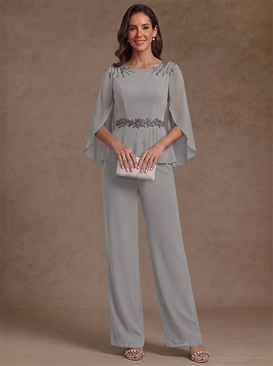 2 Pièces Tailleur Pantalon Mère de la Mariée en Mousseline, Col Rond, Longueur de la Cheville, Manches 3/4, avec Perles