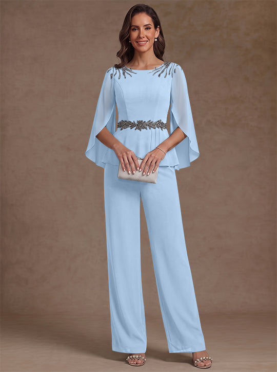 2 Pièces Tailleur Pantalon Mère de la Mariée en Mousseline, Col Rond, Longueur de la Cheville, Manches 3/4, avec Perles