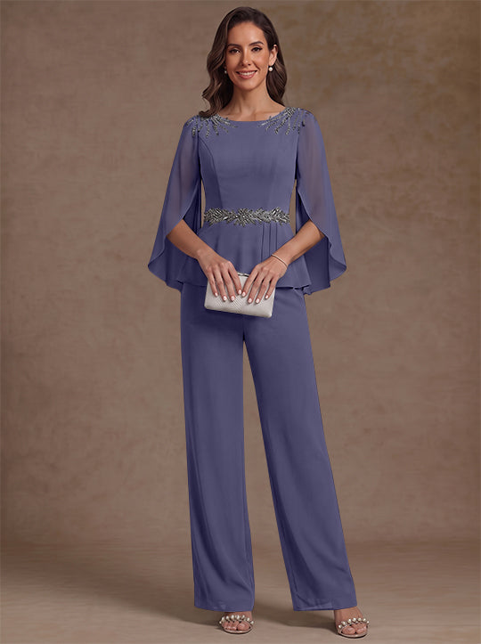 2 Pièces Tailleur Pantalon Mère de la Mariée en Mousseline, Col Rond, Longueur de la Cheville, Manches 3/4, avec Perles