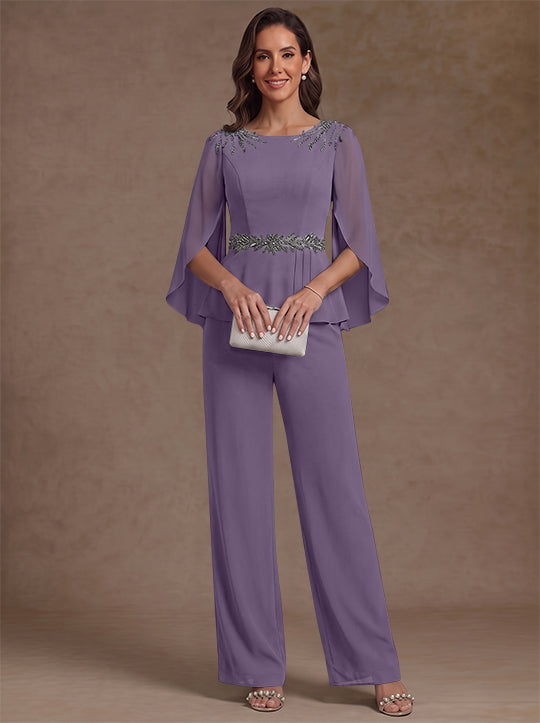 2 Pièces Tailleur Pantalon Mère de la Mariée en Mousseline, Col Rond, Longueur de la Cheville, Manches 3/4, avec Perles