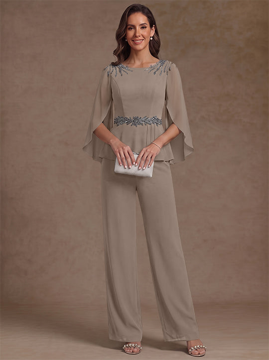 2 Pièces Tailleur Pantalon Mère de la Mariée en Mousseline, Col Rond, Longueur de la Cheville, Manches 3/4, avec Perles