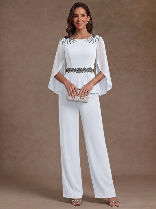 2 Pièces Tailleur Pantalon Mère de la Mariée en Mousseline, Col Rond, Longueur de la Cheville, Manches 3/4, avec Perles