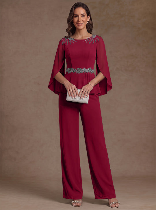 2 Pièces Tailleur Pantalon Mère de la Mariée en Mousseline, Col Rond, Longueur de la Cheville, Manches 3/4, avec Perles