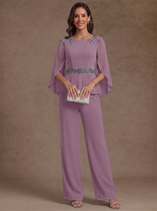 2 Pièces Tailleur Pantalon Mère de la Mariée en Mousseline, Col Rond, Longueur de la Cheville, Manches 3/4, avec Perles
