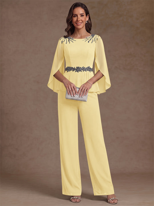 2 Pièces Tailleur Pantalon Mère de la Mariée en Mousseline, Col Rond, Longueur de la Cheville, Manches 3/4, avec Perles