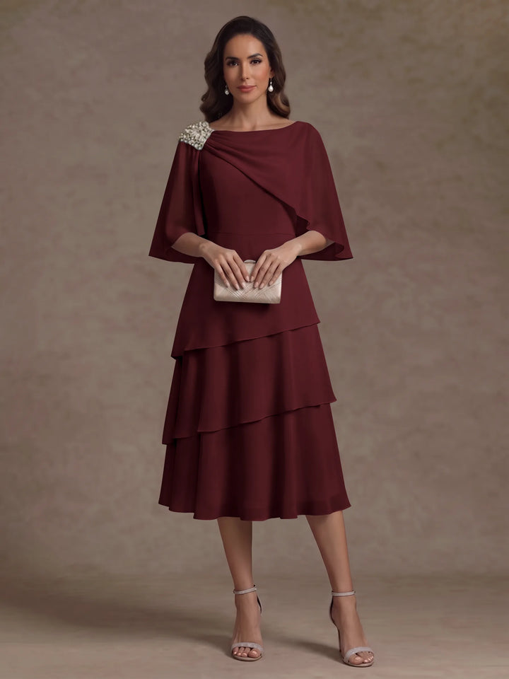 Robe Mère de la Mariée en Mousseline, Col Bateau, Ligne A/Princesse, Longueur Midi, Manches Cape, à Volants