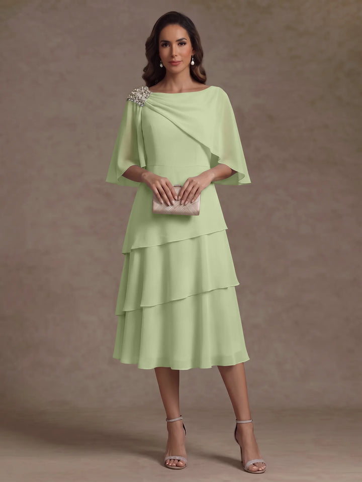 Robe Mère de la Mariée en Mousseline, Col Bateau, Ligne A/Princesse, Longueur Midi, Manches Cape, à Volants