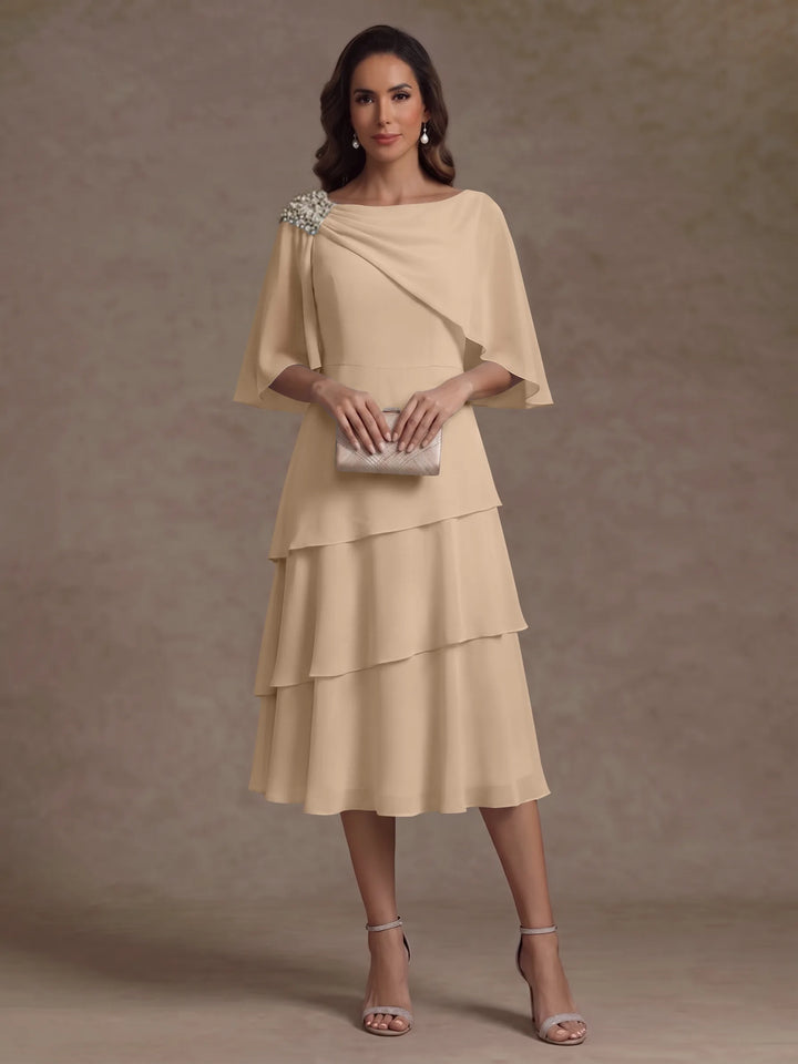 Robe Mère de la Mariée en Mousseline, Col Bateau, Ligne A/Princesse, Longueur Midi, Manches Cape, à Volants