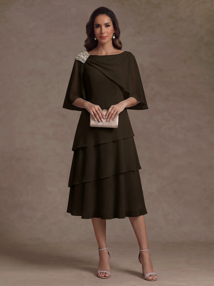 Robe Mère de la Mariée en Mousseline, Col Bateau, Ligne A/Princesse, Longueur Midi, Manches Cape, à Volants