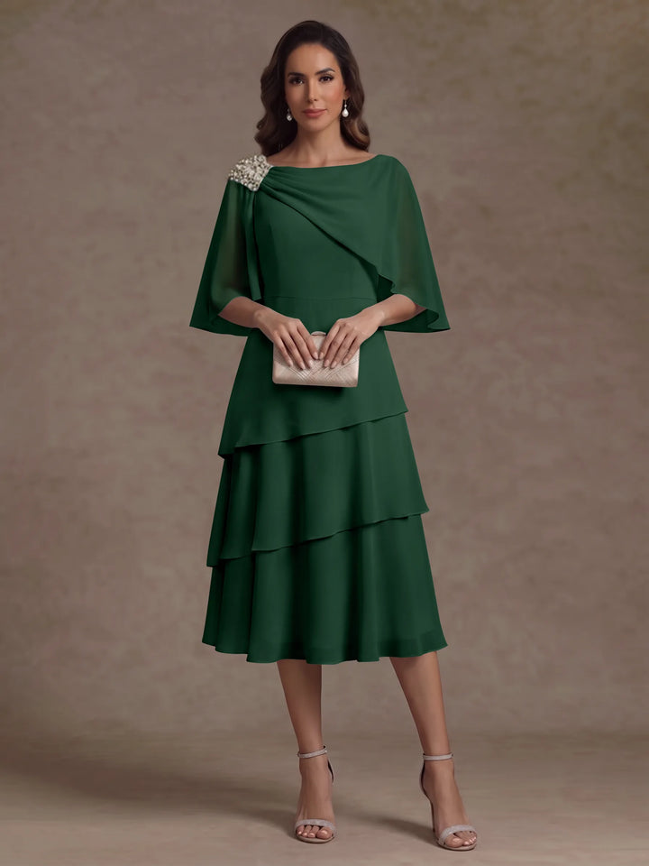 Robe Mère de la Mariée en Mousseline, Col Bateau, Ligne A/Princesse, Longueur Midi, Manches Cape, à Volants