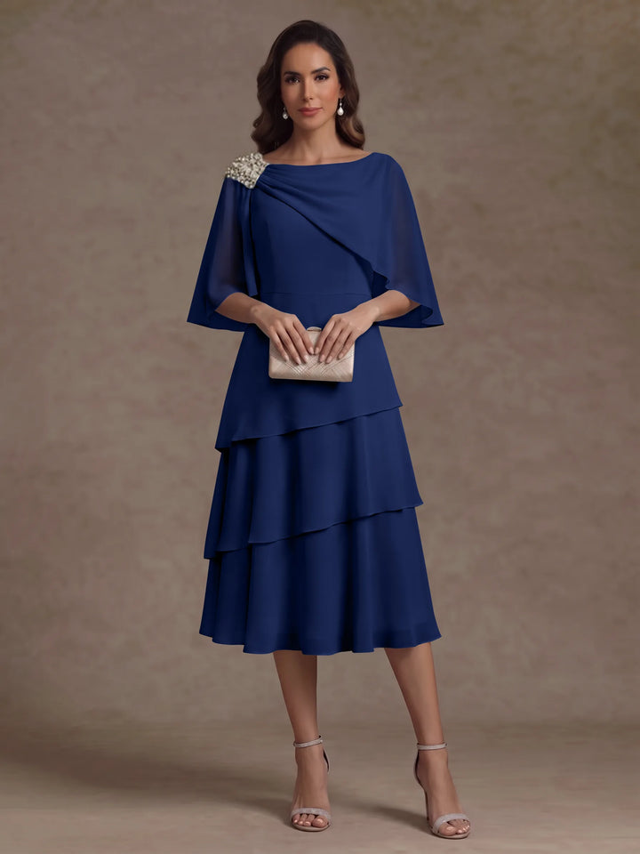 Robe Mère de la Mariée en Mousseline, Col Bateau, Ligne A/Princesse, Longueur Midi, Manches Cape, à Volants
