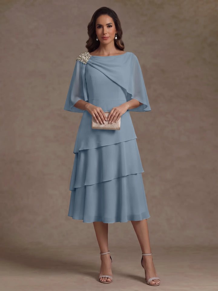 Robe Mère de la Mariée en Mousseline, Col Bateau, Ligne A/Princesse, Longueur Midi, Manches Cape, à Volants