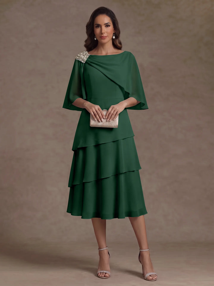 Robe Mère de la Mariée en Mousseline, Col Bateau, Ligne A/Princesse, Longueur Midi, Manches Cape, à Volants