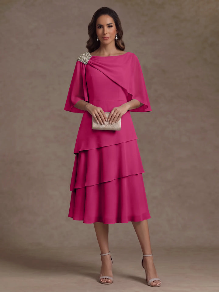 Robe Mère de la Mariée en Mousseline, Col Bateau, Ligne A/Princesse, Longueur Midi, Manches Cape, à Volants