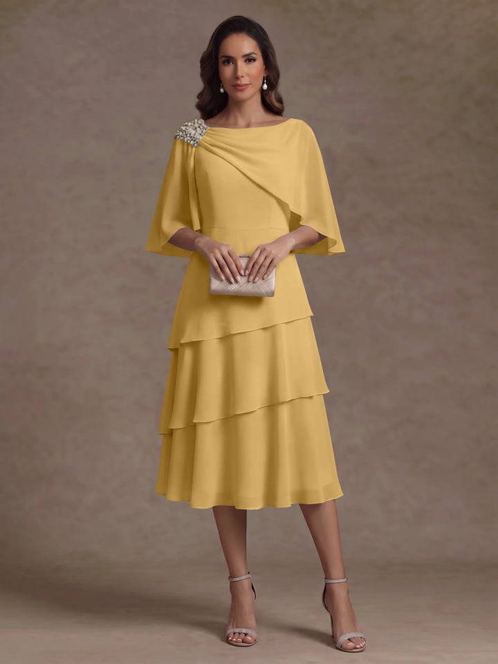 Robe Mère de la Mariée en Mousseline, Col Bateau, Ligne A/Princesse, Longueur Midi, Manches Cape, à Volants