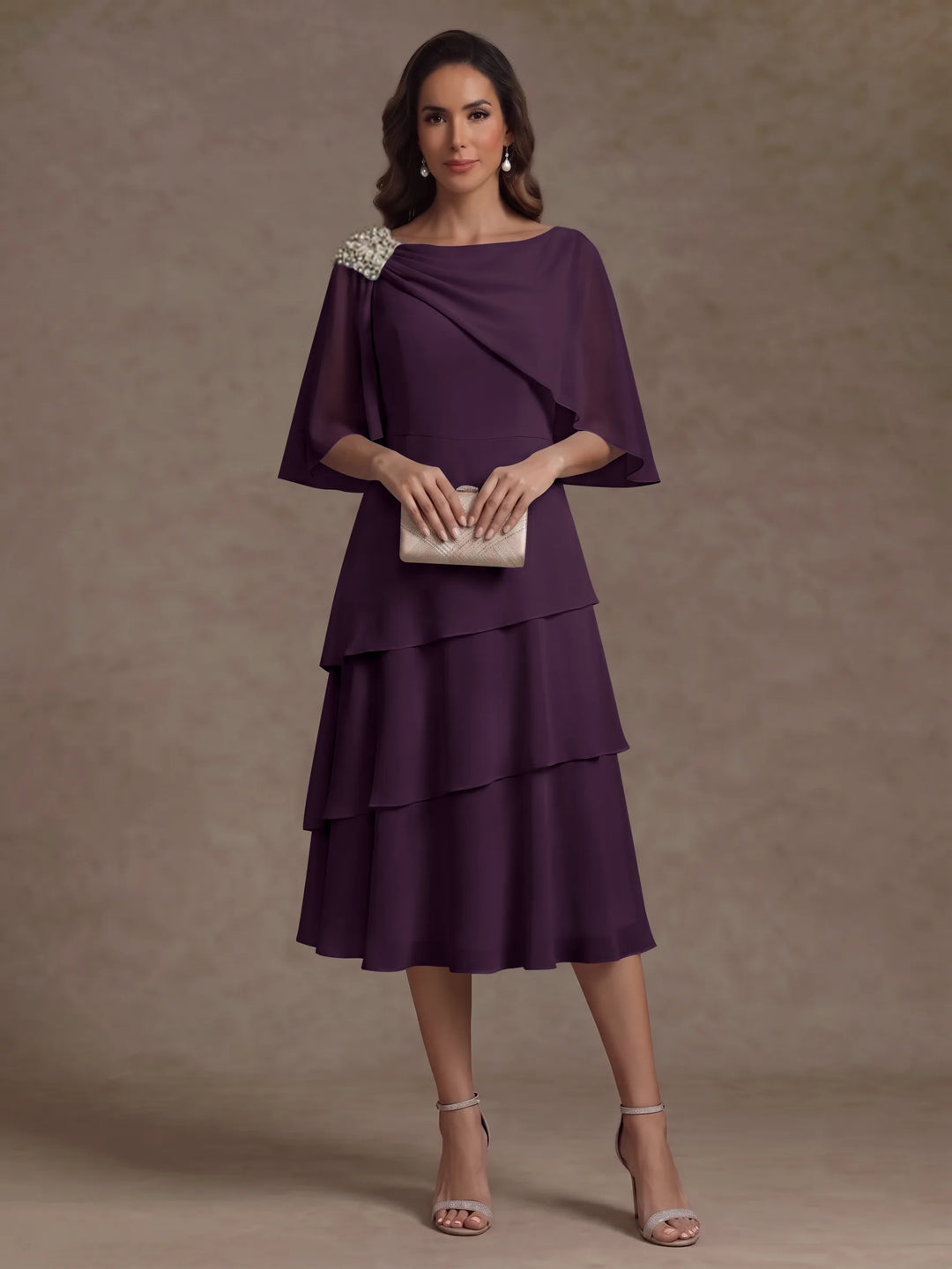 Robe Mère de la Mariée en Mousseline, Col Bateau, Ligne A/Princesse, Longueur Midi, Manches Cape, à Volants